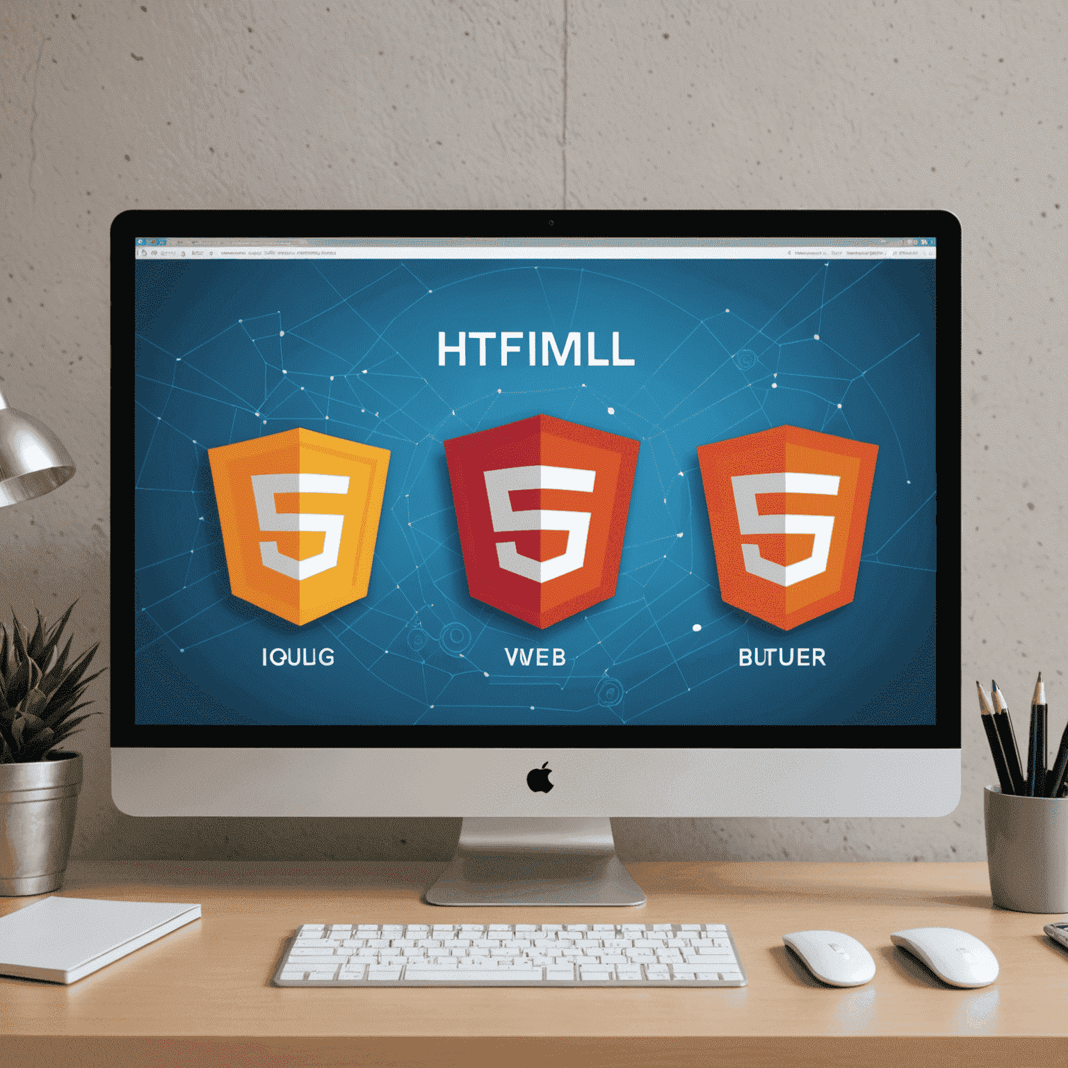 Иллюстрация, показывающая логотипы HTML5, CSS3 и JavaScript на экране компьютера, символизирующая основы веб-разработки